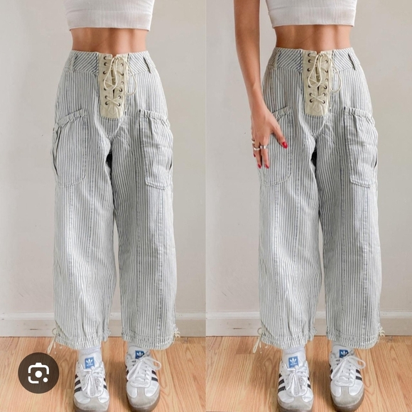 Smooth Sailing Cropped Jeans Striped Lace-Up High-Waisted Pants Size 26 - Picture 2 of 13